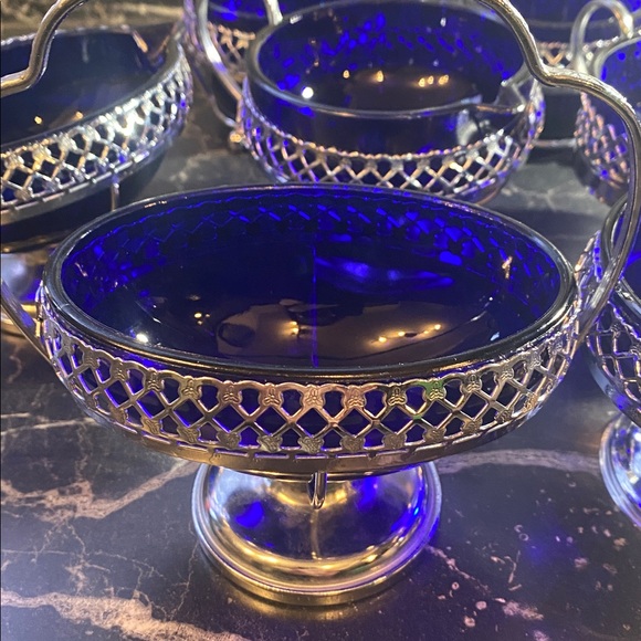 VINTAGE Stainless Chromium
Silver Plate Cobalt Blue Glass - Set of 7 - Picture 7 of 16